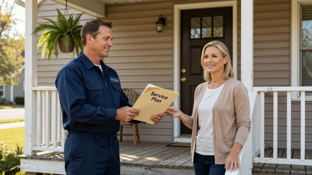 Technician handing a homeowner a service plan folder on a front porch