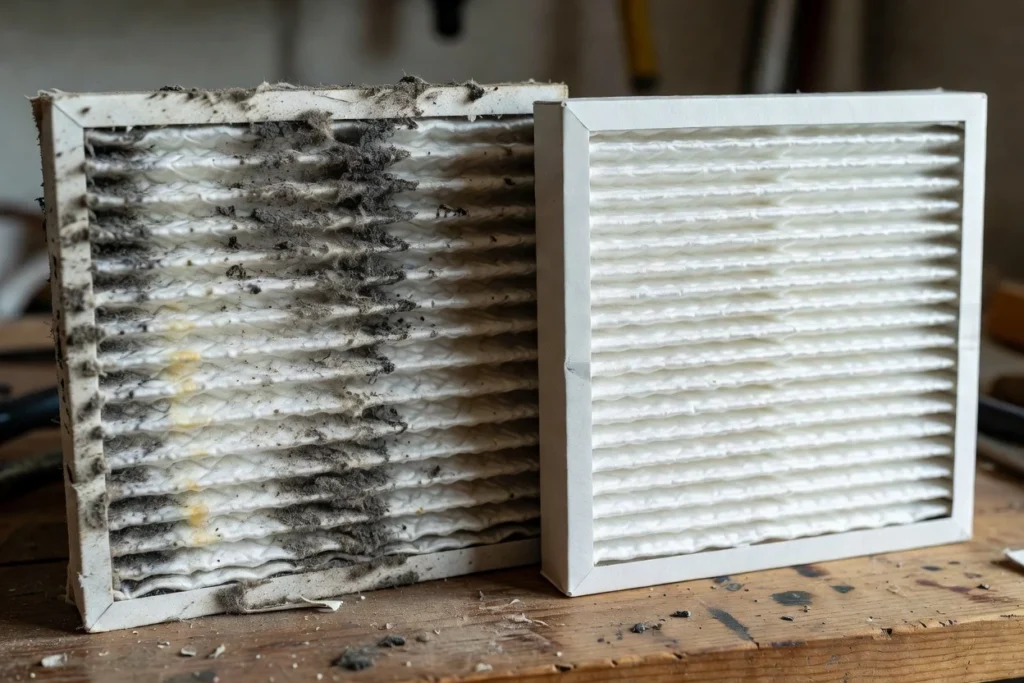 Close-up of a dirty clogged air filter next to a clean new filter on a workbench
