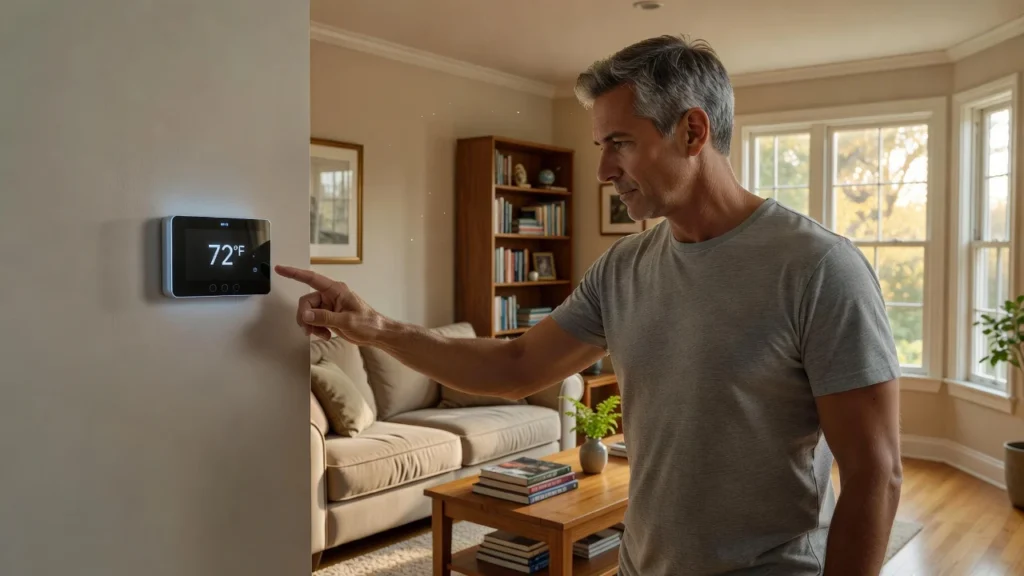 Person checking a digital thermostat on a living room wall